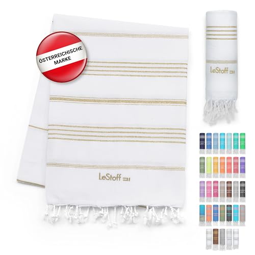 LeStoff Premium Hamamtuch - Vielseitig, Nachhaltig, Saugstark & Schnelltrocknend - 100% Bio-Baumwolle - Strand, Bade, Dusch, Yoga, Spa & Reise-Tuch (95 x 180 cm, White - Gold) von LeStoff