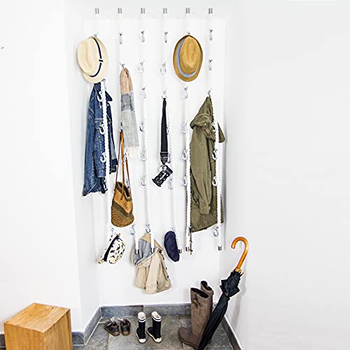 LeTOMA Seilgarderobe aus 100% Baumwolle mit Haken zum Aufhängen an der Decke und Wand im Industrial-Design in weiß - Praktisch, elegant, platzsparend - 3x maritime Garderobe 180cm und 15 Metallhaken von LeTOMA