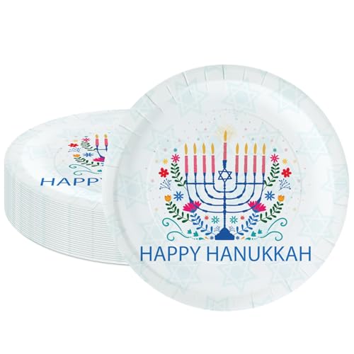 LeZakaa Hanukkah-Pappteller – Happy Hanukkah-Schriftzug und Kerzen-Design, Einweg-Partyteller, dekoratives Geschirr, Tischdekoration, 17,8 cm, 25 Stück LeZakaa Hanukkah-Pappteller – Happy Hanukkah-Schriftzug und Kerzen-Design, Einweg-Partyteller, dekoratives Geschirr, Tischdekoration, 17,8 cm, 25 Stück von LeZakaa