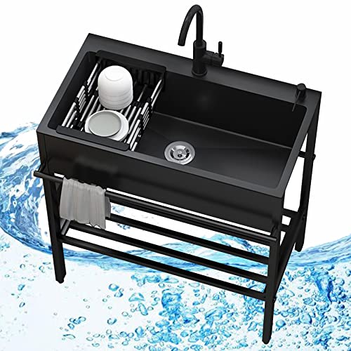 Freistehende Edelstahl Spültisch Spülbecken Küchenspüle Schwarz,Küchenorganisation Spüle,Kitchen Sink Waschbecken Organizer Küchen Spüle mit Abtropfschale für Küchenutensilien Aufbewahrung ( Size : 68 von Leaceuv