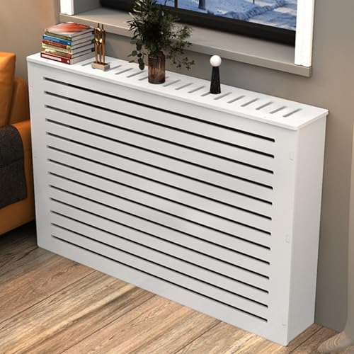Heizkörperverkleidung Holz Heizkörper Abdeckung Weiß Vertikal Lamell Heizungsverkleidung Modernes Schrank Lamellen-Design Heizkörperabdeckung Radiator Cover für Schlafzimmer Wohnzimmer(L80*H80*T25cm/3 von Leaceuv