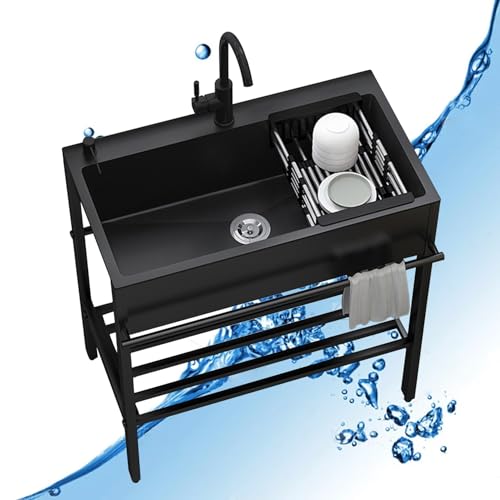 Spültisch Freistehende Edelstahl Spülbecken Küchenspüle Schwarz Outdoor Küche Ausgussbecken Spüle Gastro Kitchen Sink Mobiles Waschbecken Überlaufschutz Waschtisch mit Armatur for Waschküche Garten ( von Leaceuv