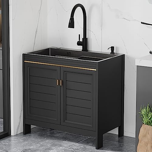 Waschbecken mit Unterschrank,Spülenschrank mit Spüle und Armatur,Edelstahl Spülbecken Spültisch,Spülschrank Küchenunterschrank,Waschtisch Badmöbel Waschplatz Waschbeckenunterschrank (Color : Nero, S von Leaceuv