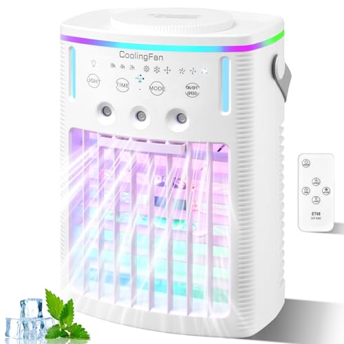 Mobile Mini Klimaanlage, Tragbare Luftkühler mit 1000ml Wassetank, 4in1 Ventilator USB mit 3 Geschwindigkeiten & Sprühmodus, 7 Farben Nachtlicht, 8H Timer mit Kühlung Fernbedienung für zimmer, Camping von LeadGoods