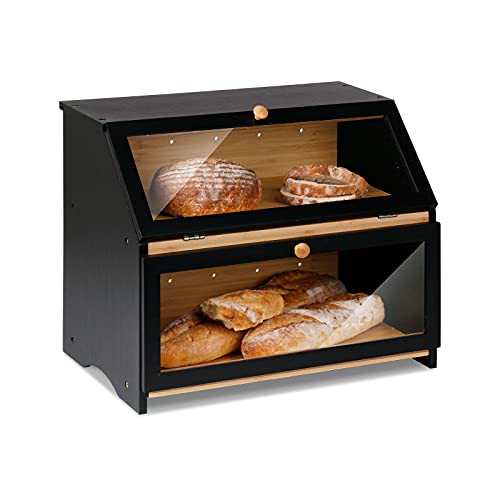 Leader Accessories Bambus Brotkasten 2 Etagen Brotbehälter lebensmittelecht Brotaufbewahrung pflegeleicht 39x25x32cm Schwarz von Leader Accessories