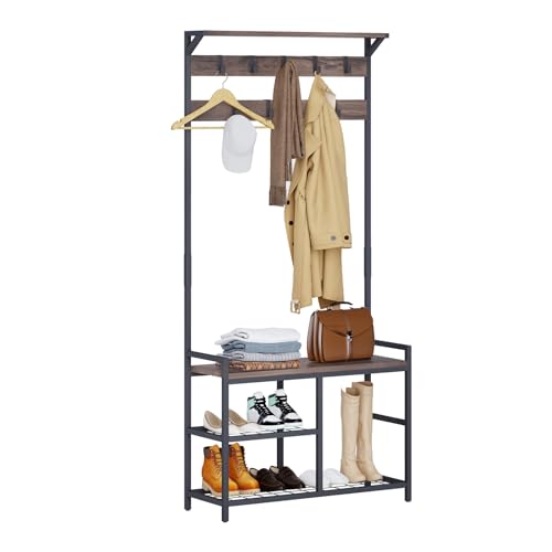 Leader Accessories Garderobenständer mit Bank Metallgarderoben rustikal Kleiderständer 182x30x84cm (HxTxB) Schwarz/Vintage Braun von Leader Accessories