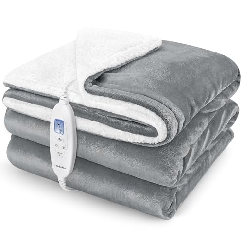 LeaderPro Heizdecke 180x160cm mit Abschaltautomatik,10 Heizstufen,1-9 Stunden Auto-Off-Timer Überhitzungsschutz,Elektrische Kuscheldecke für Home & Office, Maschinenwaschbares Flanell,Hellgrau von LeaderPro