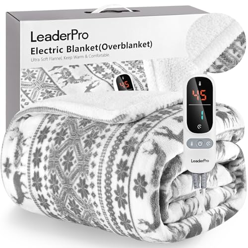 LeaderPro Heizdecke mit Abschaltautomatik,180x160cm Flanell Heizdecke 6 Heizstufenund 1-9 Stunden Timer,mit Überhitzungsschutz,Kuscheldecke für Bett&Büro Waschbar,Grau von LeaderPro