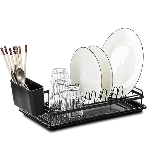 Leadfun Abtropfgestell Geschirr klein, Geschirrabtropfgestell mit Abnehmbarer Haken und abtropfschale, Geschirr abtropfständer für Spüle, Dish Drying Rack Drainer, 39 x 23 x 8cm (schwarz) von Leadfun