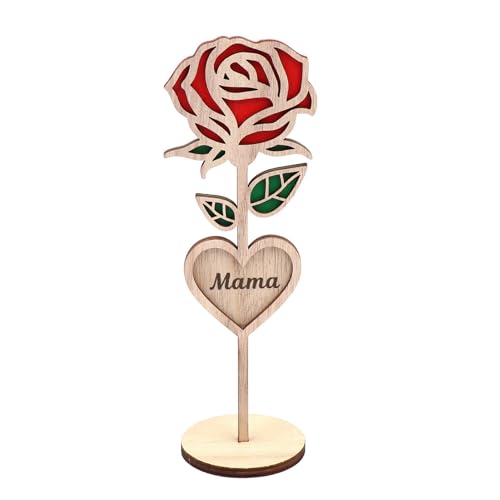 Leadrop Rosen-Blumen-Dekoration mit Stabiler Basis, Holz-Mama, rund, aus Holz, 3D-geschnitzt, Desktop-Ornament, romantischer Muttertag Rose von Leadrop