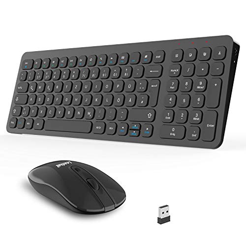Kabellose Tastatur und Maus, LeadsaiL Tastatur Maus Set Kabellos, Flüsterleiser Tastenanschlag, 2.4 GHz QWERTZ Deutsches Layout mit 2-in-1 USB Nano Empfänger, für PC, Desktop, Laptop, Windows, Mac von LeadsaiL