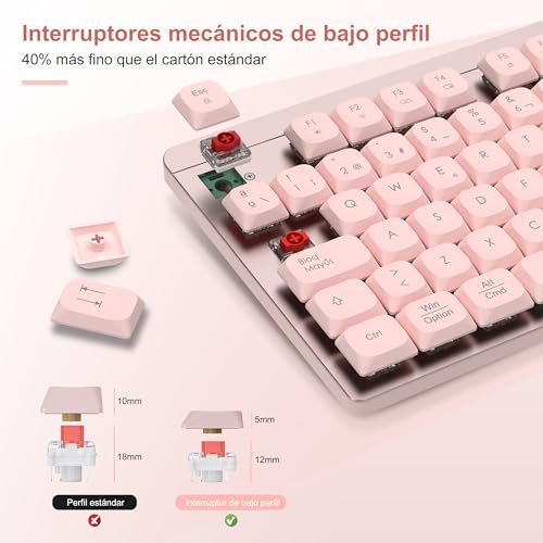 LeadsaiL Mechanische Tastatur mit niedrigem Profil, FA98 Pack kabellose Tastatur und Maus mit rotem Switch, 2,4 GHz Verbindung, spanische QWERTY-Tastatur mit numerischer Tastatur für Windows, Mac-Rosa von LeadsaiL