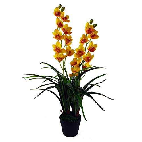 Leaf Künstliche Cymbidium-Orchidee, 90 cm, extra groß, schwarzer Kunststofftopf von Leaf