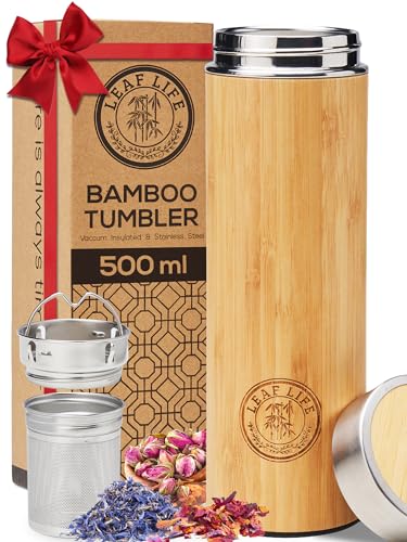 LeafLife Teeflasche mit Sieb to Go - 500ml Tea infuser aus Bambus - Teeflasche to go für Teeblätter & Kaffee - Hält für 12 Stunden Heiß & Kalt - Tee Geschenk - Mama Geschenk von LeafLife