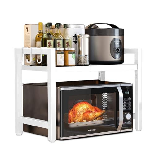 LeapBeast Mikrowellenregal,Erweiterbares Mikrowellen,2-Stufig Erweiterbares Küchen Mikrowelle Ständer Regal,mit 6 Haken für Küchenarbeitsplatten-Organizer,Toaster, Heißluftfritteuse (Weiß) von LeapBeast