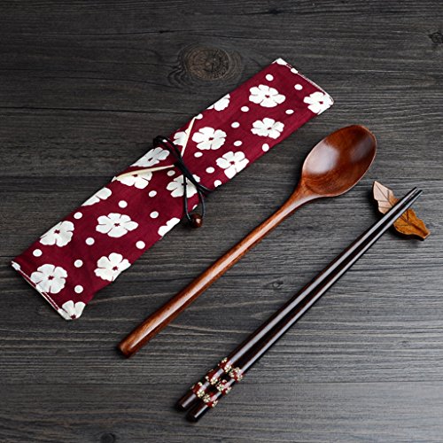 Essstäbchen Löffel Set Japanische Natur Chopsticks stäbchen aus umweltfreundlichem hölzernen in edler Schatulle Geschenkbox (ROT) von Leaptech