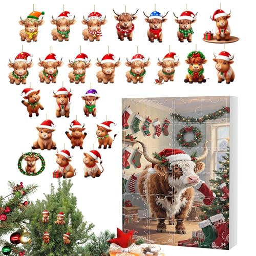 Cow Ornament Countdown - 2D Flat Acrylic Highland Cow 24 Days - Cartoon Animal Decorations Christmas Calendar - for Backpack Car Home Window Fireplace Bedroom Living Room von LearnLyrics