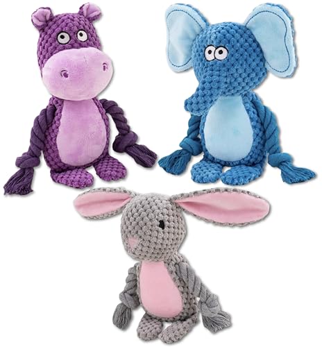 Leash and Leisure Hundespielzeug aus Plüsch, 3er-Pack, Sorten-Set mit Quietscher, Knisterpapier und Seil, Bauernhoffreunde oder Dschungelfreunde, 24 x 10 cm (klein, Bauernhoffreunde) von Leash and Leisure