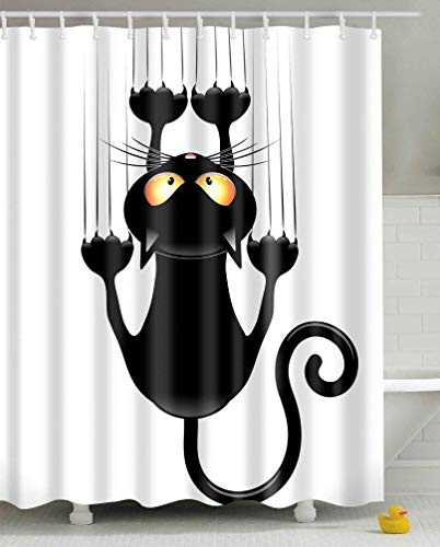 Leashy Duschvorhang Lustige Katze humorvoll Schwarzes Kätzchen Badewanne Vorhang Schwarz und Weiß Minimalismus Kunst Kinder Niedliche Cartoon Tier Wasserdicht Stoff Badevorhang 240x180cm von Leashy