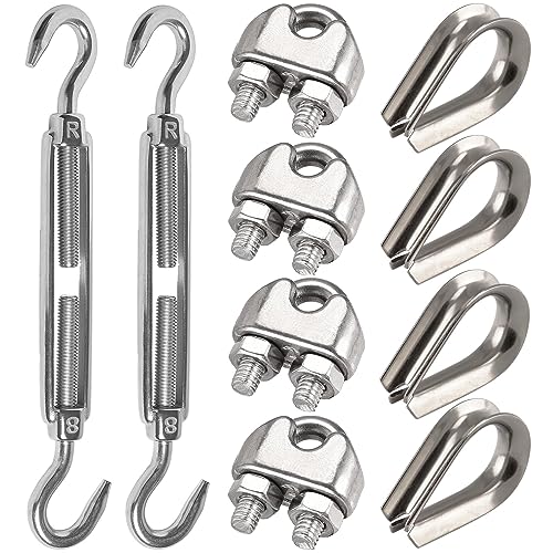 Leaum 10 Stück Spannschloss M8 Drahtspanner Set, mit Edelstahl Spannschloss M8, Drahtseilklemme 8mm Edelstahl und Drahtseil Kauschen 8mm für Gespannte Seil zu Verschärfen von Leaum