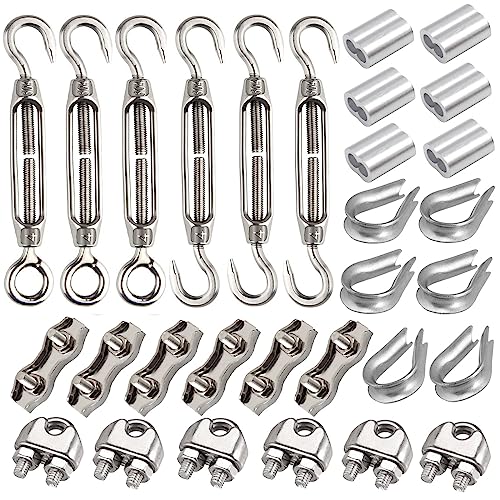 Leaum 30 Stück Spannschloss M4 Drahtspanner Set, mit Edelstahl Spannschloss M4, Drahtseilklemme 3mm Edelstahl, Drahtseil Kauschen 3mm und Pressklemme 3mm Aluminium für Gespannte Seil zu Verschärfen von Leaum