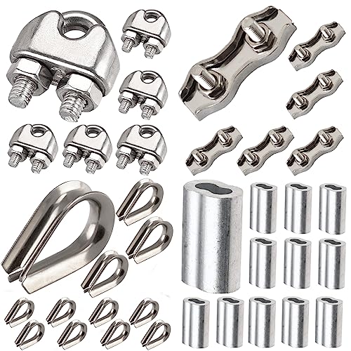 Leaum 36 Stück Drahtseilklemme Set, mit Drahtseilklemme 4mm Edelstahl M4, Drahtseil Kauschen 4mm und Pressklemme 4mm Aluminium für Drahtseil, StahlKabel von Leaum