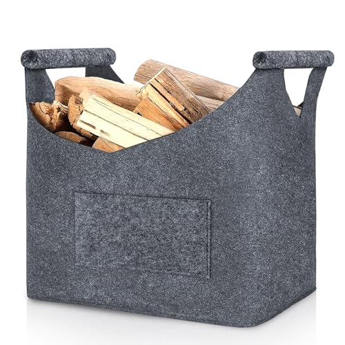 Holzkorb für Kaminholz, XL Kaminholzkorb Brennholzkorb dicker Filz Feuerholzkorb Filzkorb Faltbarer Filztasche als Aufbewahrungskorb mit verstärktem Holzgriff für Einkauf Zeitung Brennholz, 45x32x40cm von Leavans