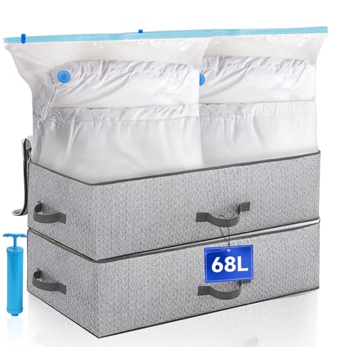 Leavans Unterbett Aufbewahrungsbox Set, 2 Stück Unterbettkommode, 2 Vakuumbeutel für Kleidung, Faltbare Unterbett Aufbewahrung Kleidung mit Deckel Vakuum Aufbewahrungstasche für Bettdecken Kleidung von Leavans
