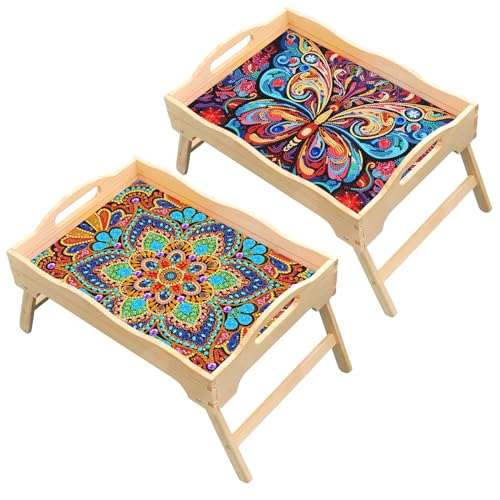 Lebartm 2Stück DIY Diamant Bett Tablett Tisch mit klappbaren Beinen Diamant Kunst Malerei Handmade Holz Essteller Tragbares Laptop-Tablett Frühstückstabletts für Sofa Bett Snacking Arbeiten von Lebartm