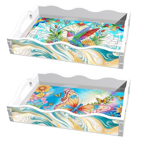 Lebartm 2Stück DIY Diamant Serviertablett Diamant Kunst Malerei Kreatives Design Handgemacht ABS Flow farbige Tablett Essteller Frühstückstablett für Wohnzimmer Home Zimmer Organizer- von Lebartm