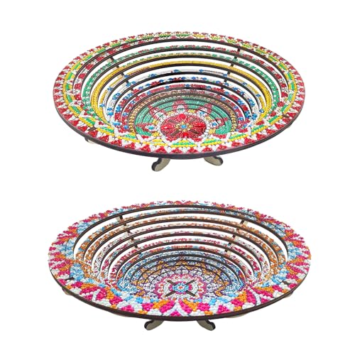 Lebartm 2Stück DIY Diamant hölzerne Snack Lagerung Tablett Diamant Kunst Malerei Mandala Süßigkeiten Teller Einziehbar mit Ständer Runde handgemachte Servierplatte Set Gemüse Brot Snack Küche Haus von Lebartm