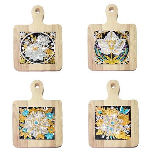 Lebartm 4Stück DIY Diamant Handheld Square Platzdeckchen Diamant Kunst Malerei kreatives Design Holzplatte Teematte mit Griff Küche Platzsets Craft Supplies für Home Organizer-Blume von Lebartm