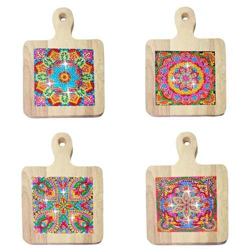 Lebartm 4Stück DIY Diamant Handheld Square Platzdeckchen Diamant Kunst Malerei kreatives Design Holzplatte Teematte mit Griff Küche Platzsets Craft Supplies für Home Organizer-Mandala01 von Lebartm