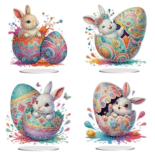 Lebartm 4Stück DIY Diamant Ostern Desktop Ornament Speziell geformter Kristall Diamant Kunst Malerei Tischdekoration Doppelseitiges Muster Einseitiger Diamant Heimdekorations-Osterei Hase von Lebartm