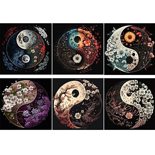 Lebartm 6Stück 5D Diamant Malerei Set Tier Blume Yin Yang DIY volle Runde Bohrer Diamant Kunstmalerei für Erwachsene Anfänger mit Zubehör für Home Wall Decor 30x30cm von Lebartm