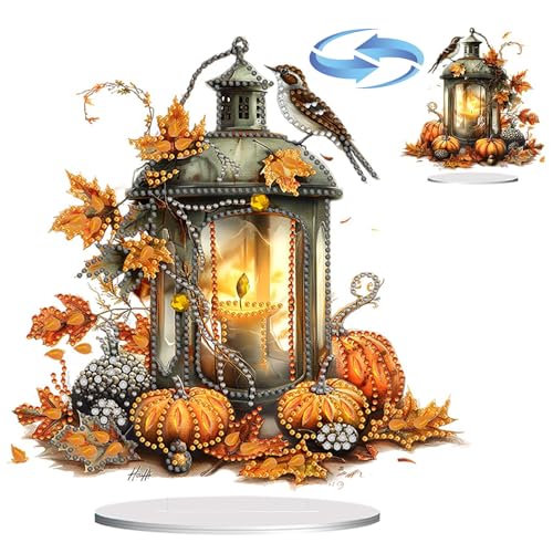 Lebartm DIY Diamant Herbst Desktop Ornament Speziell geformter Kristall Diamant Kunst Malerei Tischdekoration Doppelseitiges Muster Einseitiger Diamant Heimdekoration-Kürbis-Laterne von Lebartm