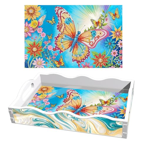 Lebartm DIY Diamant Serviertablett Diamant Kunst Malerei Kreatives Design Handgemacht ABS Flow farbige Tablett Essteller Frühstückstablett für Wohnzimmer Home Zimmer Organizer-Schmetterling01 von Lebartm