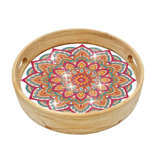Lebartm DIY Diamant-Tablett Diamant-Malerei Rund Kreatives Design Handgemachtes Holztablett Essteller Diamant Kunst für Kaffee Wohnzimmer Heim-Organisator Durchmesser 25,5cm von Lebartm