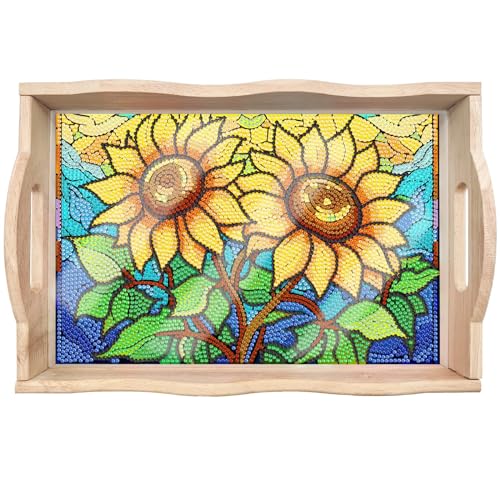 Lebartm DIY Diamant-Tablett Diamant-Malerei Sonnenblume Kreatives Design Handgemachtes Holztablett Mosaikbaukästen nach Zahlen Kits Diamant Kunst für Kaffee Wohnzimmer Heim-Organisator von Lebartm