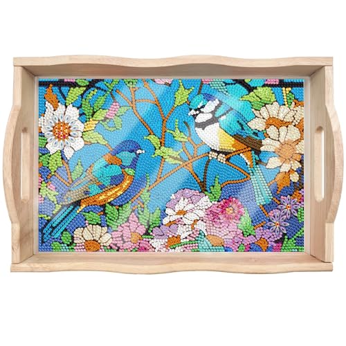Lebartm DIY Diamant-Tablett Diamant-Malerei Vögel Blumen Kreatives Design Handgemachtes Holztablett Mosaikbaukästen nach Zahlen Kits Diamant Kunst für Kaffee Wohnzimmer Heim-Organisator von Lebartm