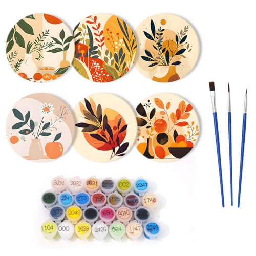 Lebartm Untersetzer Malen nach Zahlen Kit für Erwachsene Runde digitale Ölmalerei Untersetzer Kreativ Diamant Kunsthandwerk Zubehör für Home Decorations-Abstrakte Grünpflanzen von Lebartm