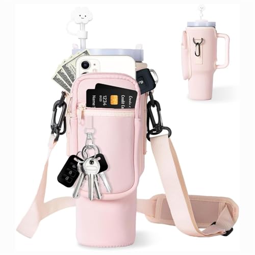 Lebartm Wasserflaschenhalter Tasche für Stanley Tumbler 40oz mit verstellbarem Schultergurt Wasserflasche Carrier Bag mit Handytasche Karteninhaber zubehör für Wandern Reisen Camping-rosa von Lebartm