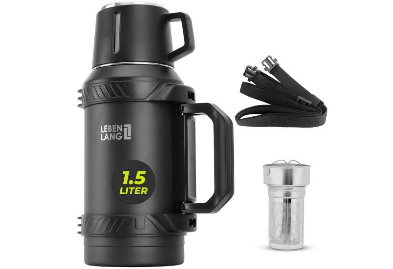 Lebenlang Thermoflasche Isolierflasche 1,5 Liter - 24h Heiß & Kalt - Inkl. Becher & Teesieb, Auslaufsicher - Große Einfüllöffnung - BPA-frei von Lebenlang