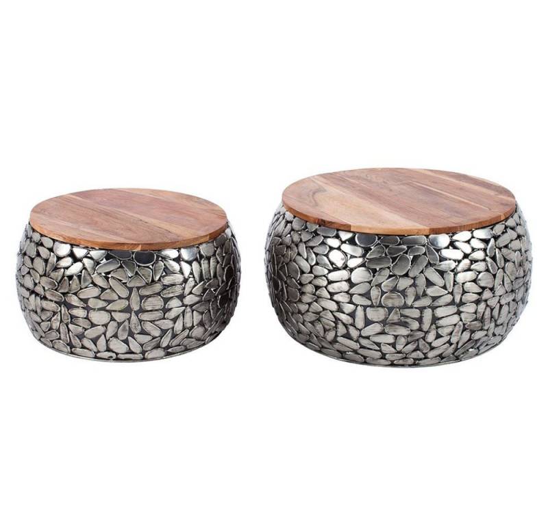 LebensWohnArt Couchtisch Extravagantes 2er-Set Couchtisch PIEDRA silber Aluminium Mangoholz von LebensWohnArt