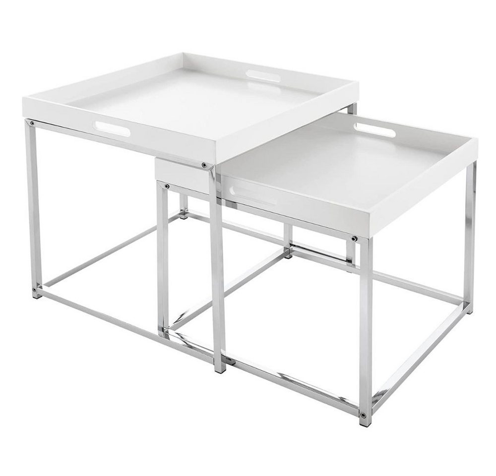 LebensWohnArt Couchtisch Lounge 2er Beistelltisch-Set MENTO weiss abnehmbare Tabletts 50cm Chrom von LebensWohnArt