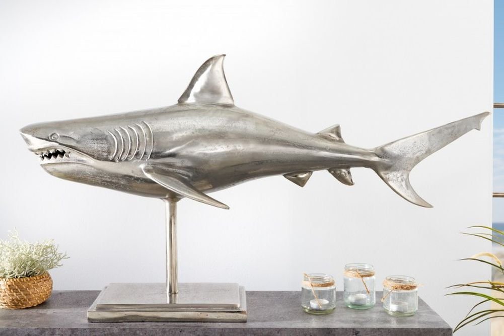 LebensWohnArt Dekoobjekt Deko-Figur Haifisch 103cm SHARK silber Aluminium Maritim Hai Skulptur von LebensWohnArt