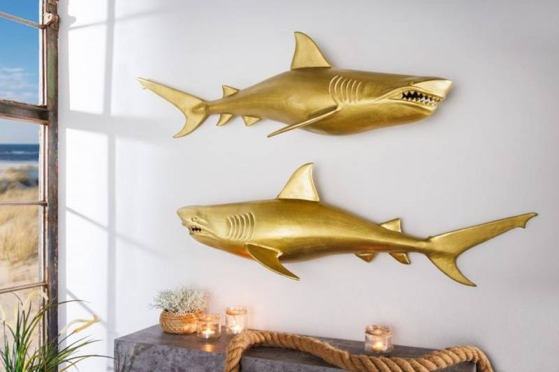 LebensWohnArt Dekoobjekt Wanddeko 2er Set Haifisch 70cm SHARK gold Aluminium Maritim LebensWohnArt Dekoobjekt Wanddeko 2er Set Haifisch 70cm SHARK gold Aluminium Maritim von LebensWohnArt