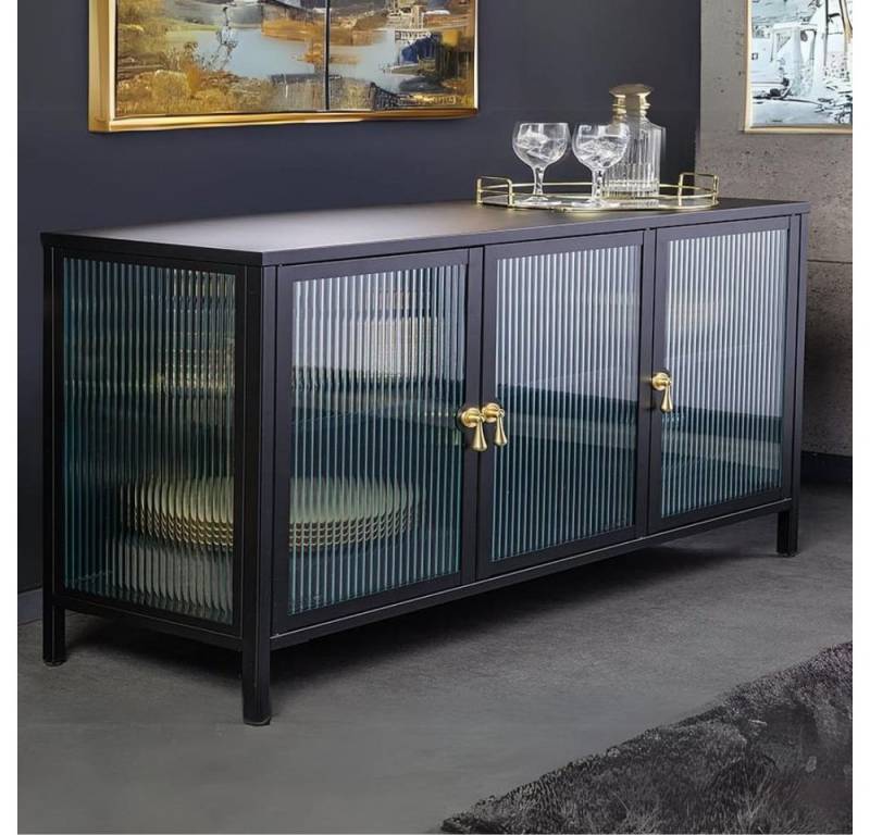 LebensWohnArt Kommode Modernes Vitrinen-Sideboard TRIADO 105cm schwarz Metall Riffelglas von LebensWohnArt