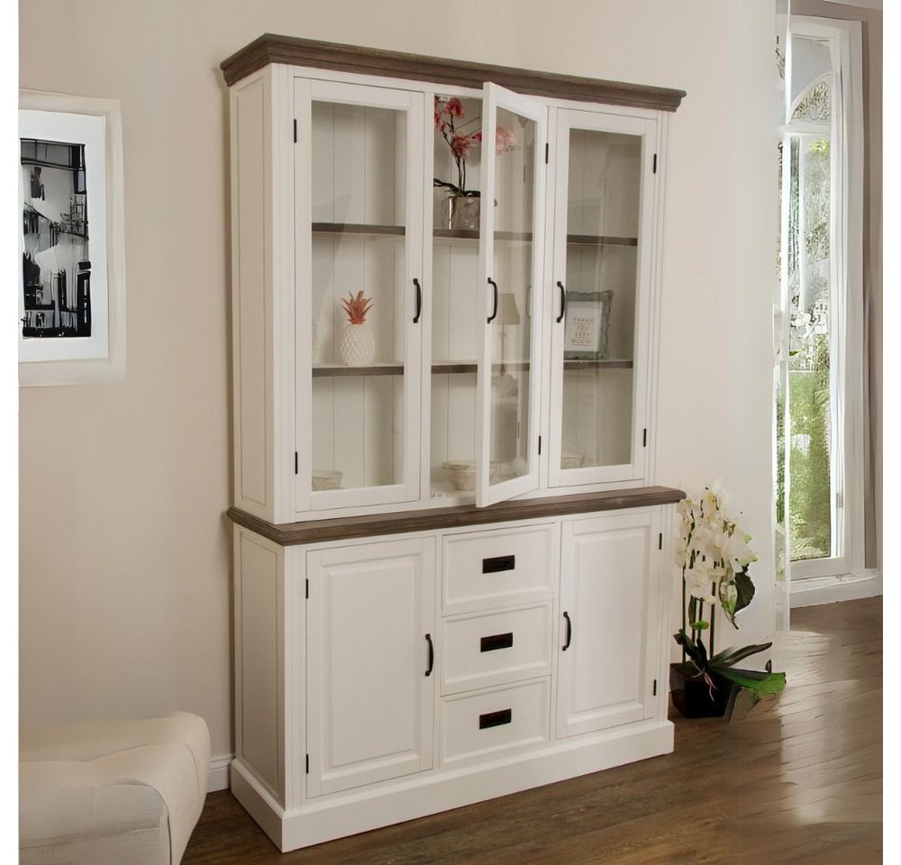 LebensWohnArt Mehrzweckschrank Edler Landhaus Vitrinenschrank 3 Türen CHALET 208cm weiss-braun von LebensWohnArt