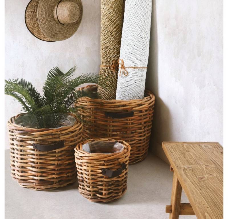 LebensWohnArt Pflanzschale Dickes CL Rattan Pflanzkorb CESTINO natural ca.D65cm Ledergriffe von LebensWohnArt